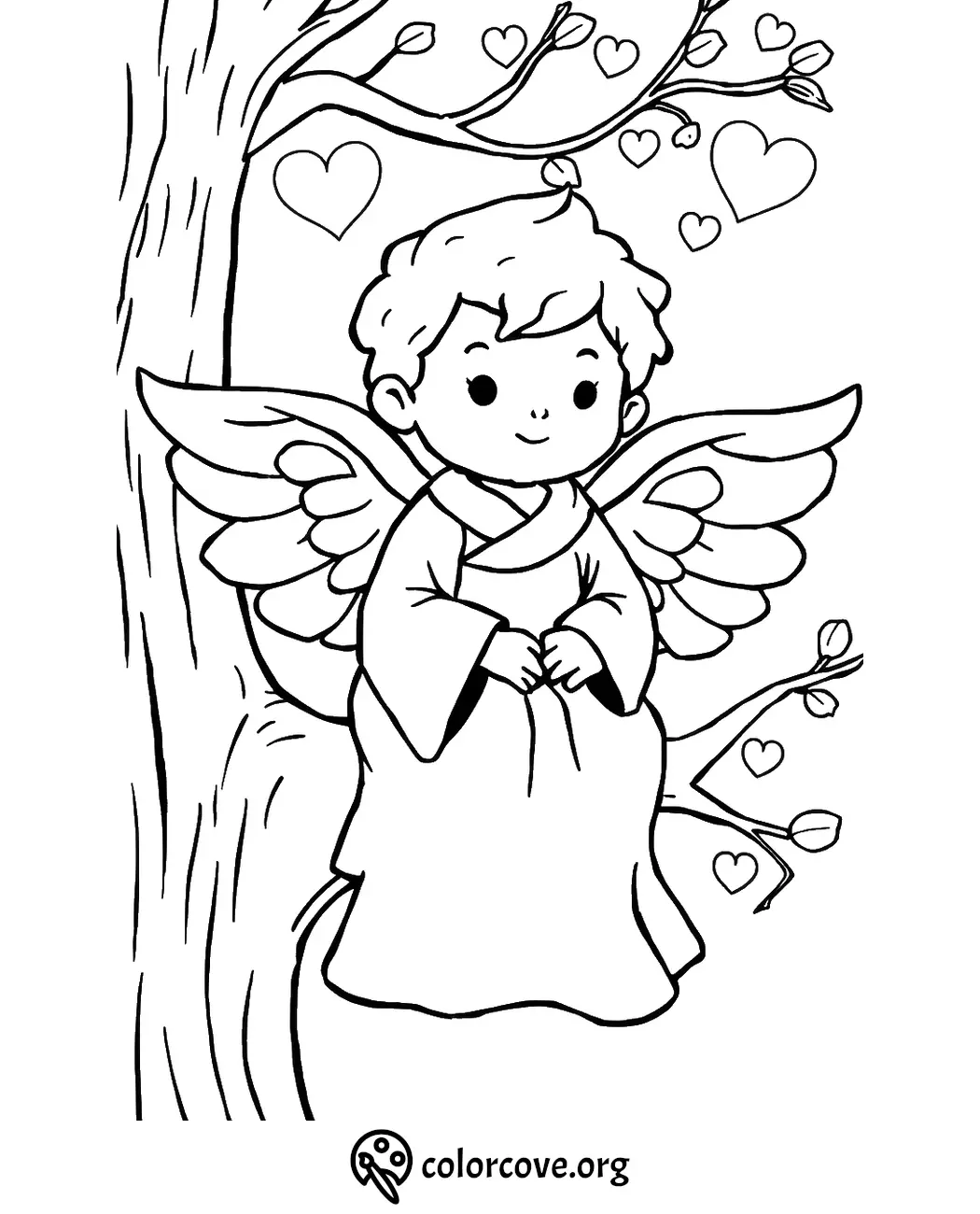 Cute angel sitting on tree branch coloring page with hearts and wings.