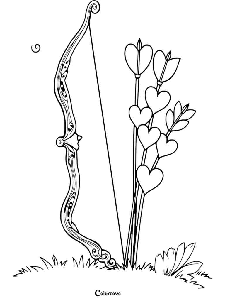 Cupid coloring page featuring a decorative bow and a quiver of heart-tipped arrows standing in the grass.