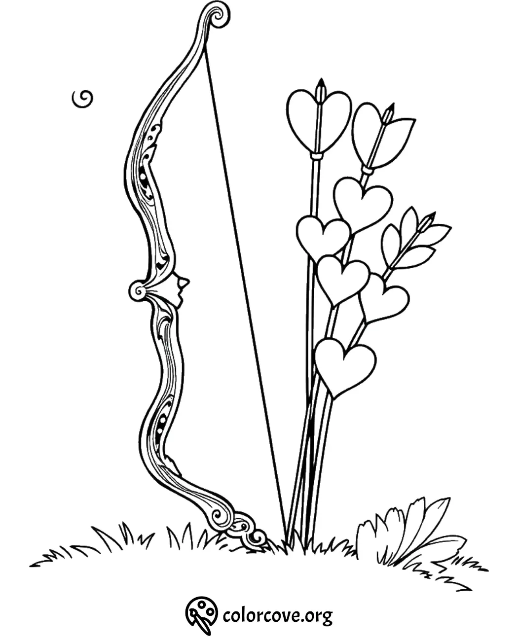 Heart-themed bow and arrows coloring page for Valentine's Day creativity and relaxation.