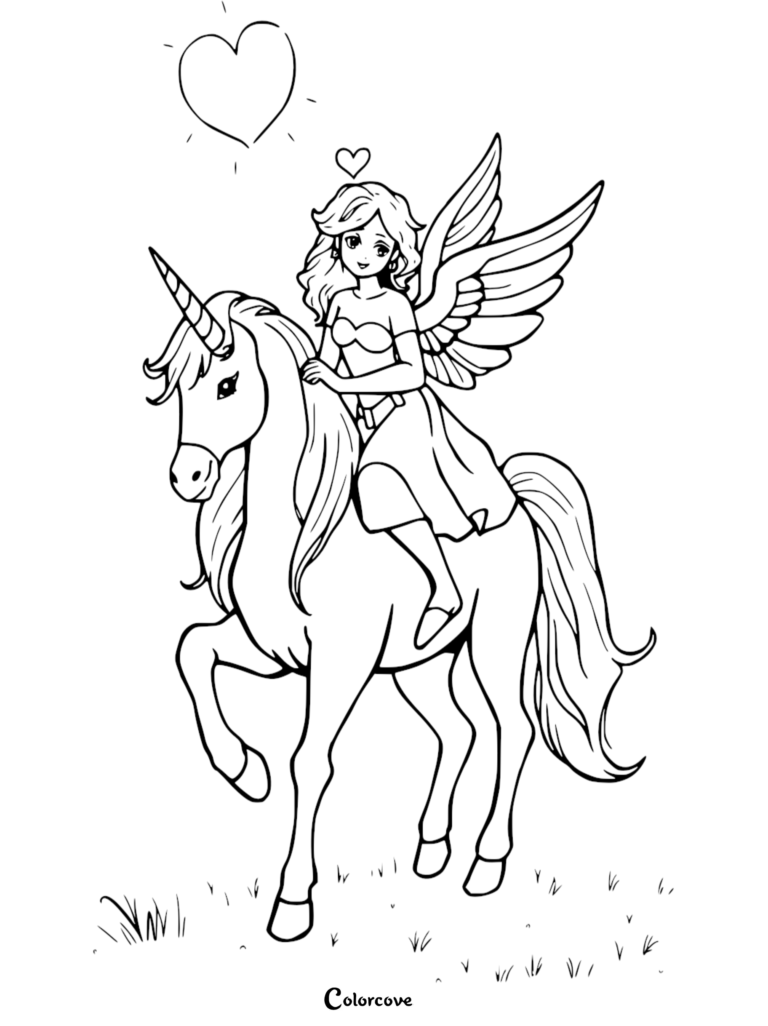 Cupid riding a majestic unicorn in a meadow, featured in a detailed line art coloring page.