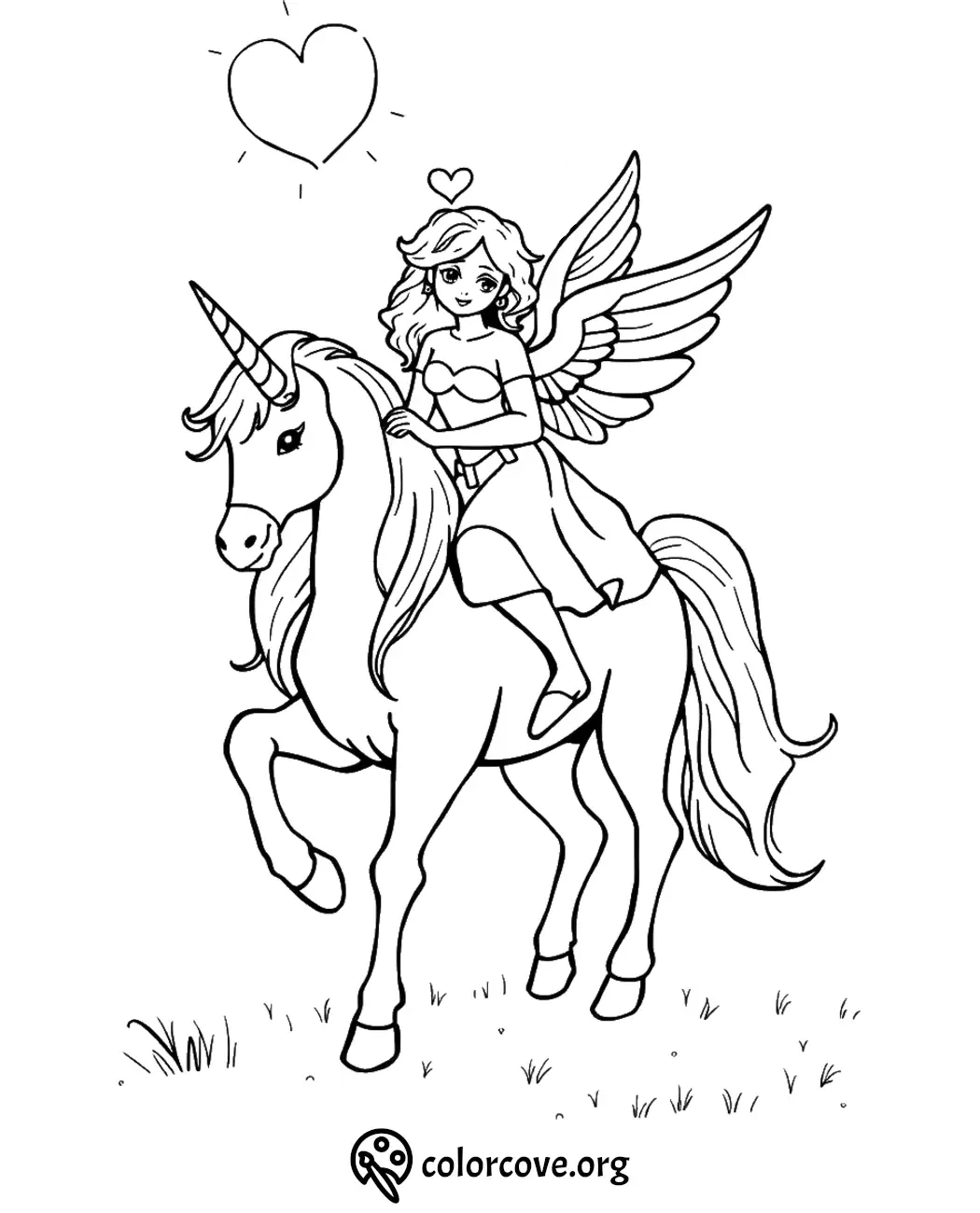 Fairy with wings riding a unicorn, surrounded by hearts. Printable coloring page.