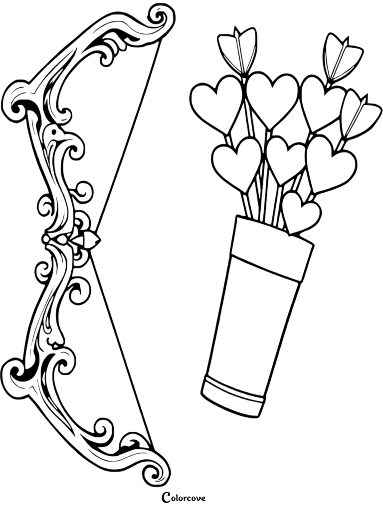 Cupid coloring page featuring an ornate decorative bow and a quiver filled with heart-tipped arrows.
