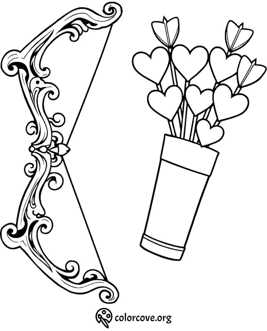 Heart-themed coloring page with an ornate bow and heart arrows. Perfect for Valentine's art projects.