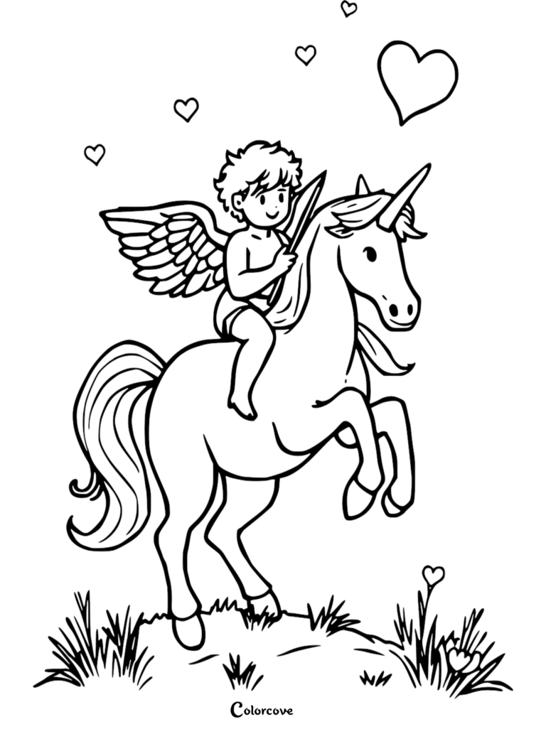 Cupid with wings riding a magical unicorn surrounded by floating hearts in this printable coloring page.