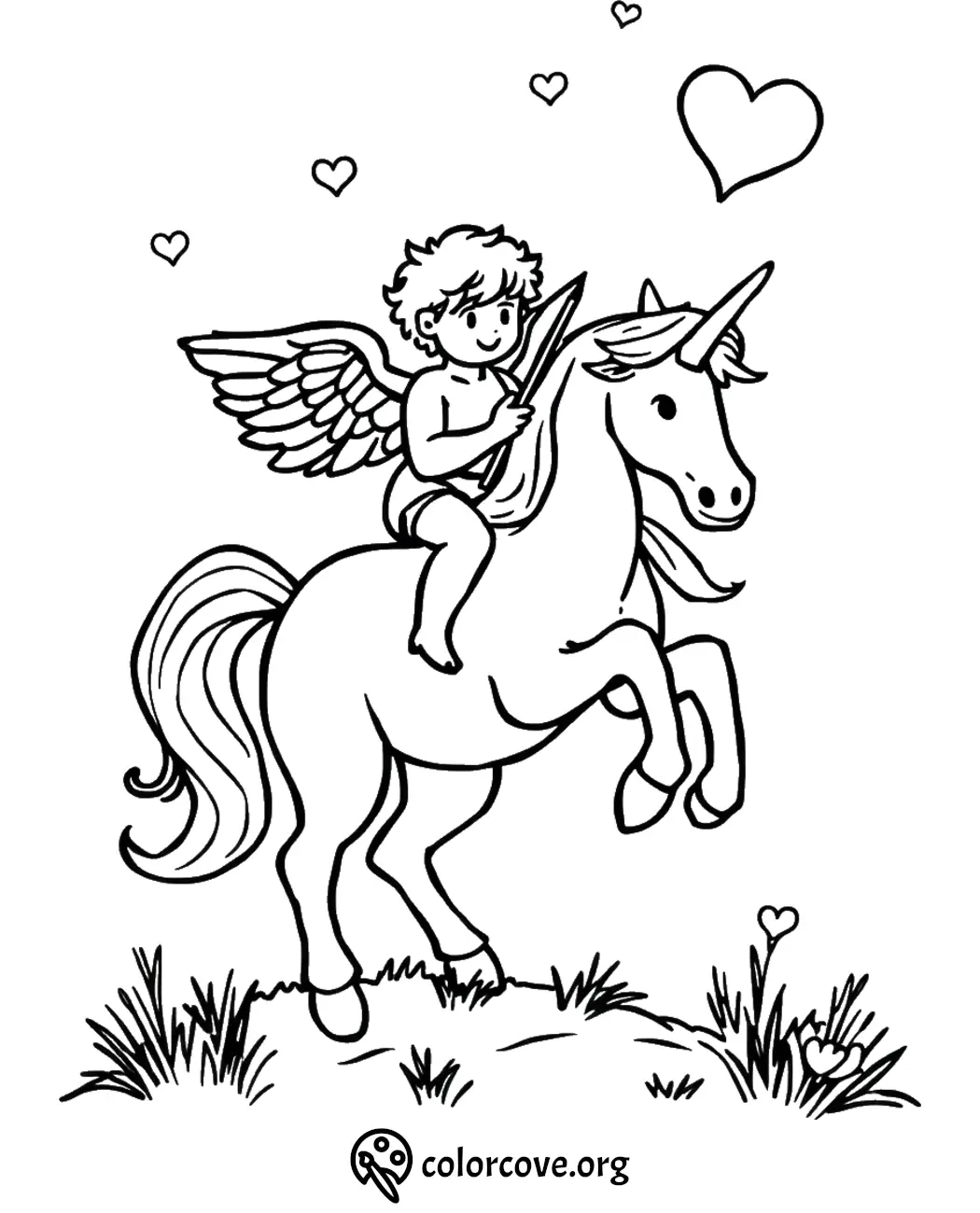 Angel on a unicorn coloring page with hearts and grassy background, ideal for kids and fantasy art lovers.