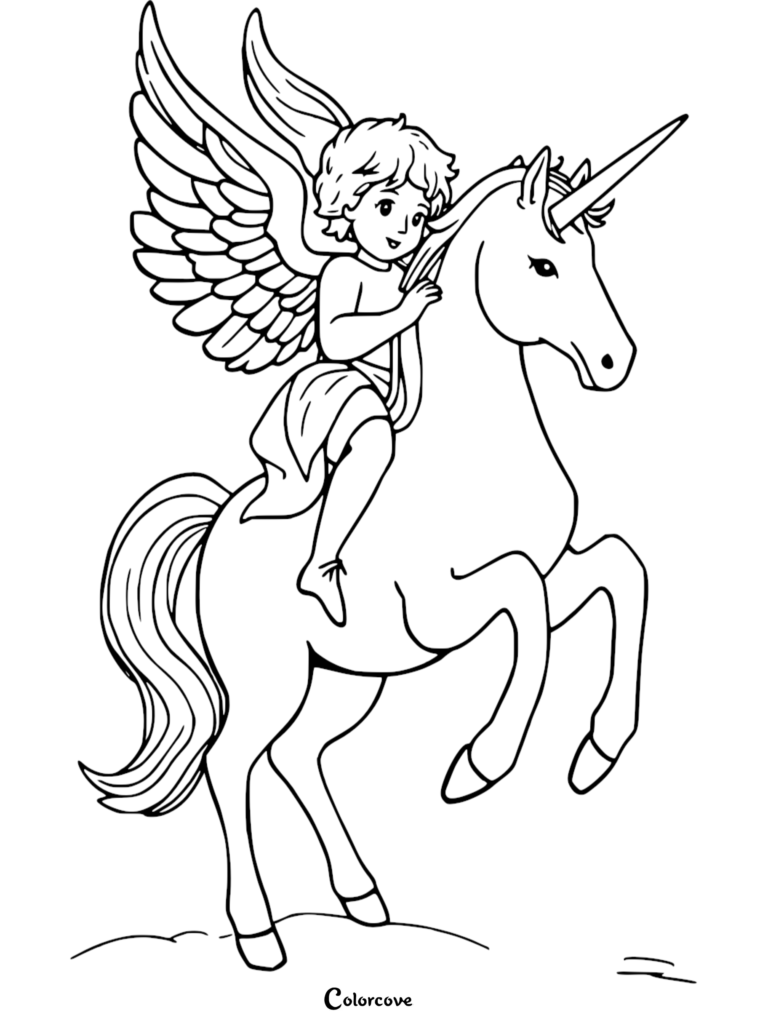 Cupid riding a majestic unicorn in this printable coloring page
