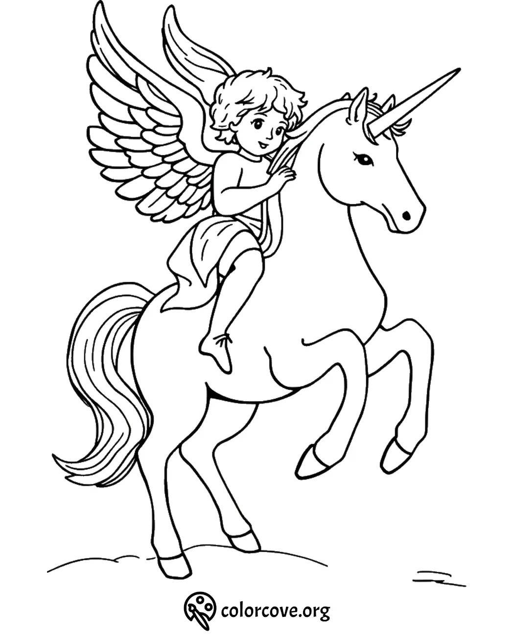 Angel riding a unicorn coloring page, perfect for kids. Detailed fantasy art with wings and mythical creature.