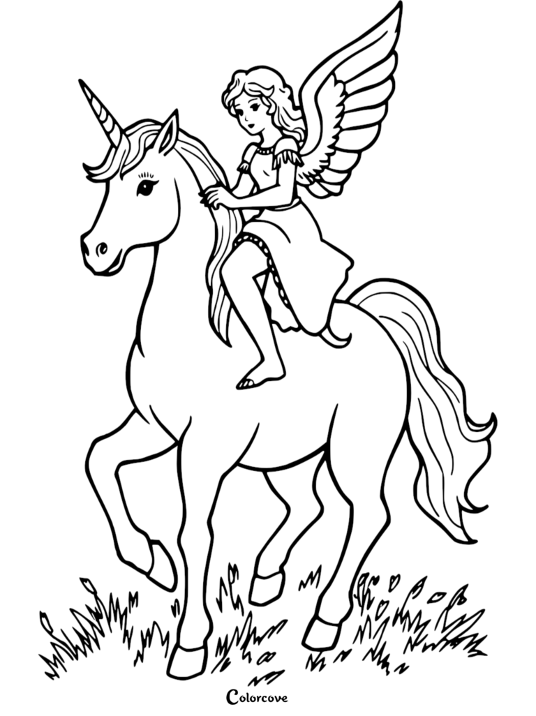 Cupid riding a majestic unicorn in a meadow coloring page