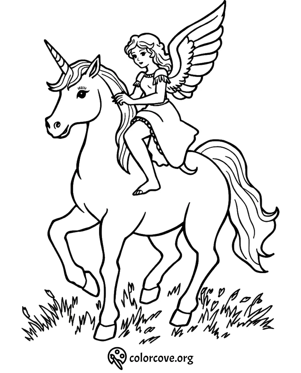 Angel riding a majestic unicorn coloring page - perfect for kids and fantasy art enthusiasts.