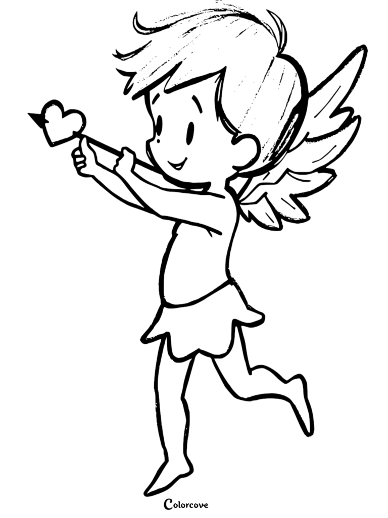 Cupid holding a heart-tipped arrow in this free printable coloring page.