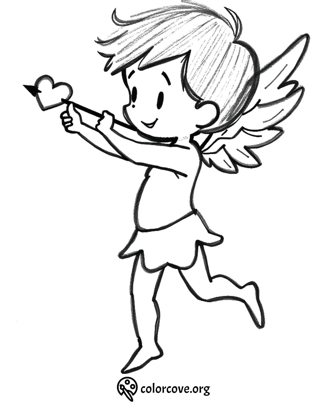 Cute cupid coloring page with heart arrow and wings, perfect for kids' Valentine's Day activities.