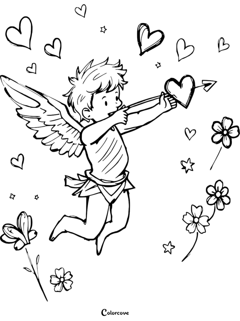 Cupid aiming a heart-tipped arrow in this free printable coloring page surrounded by floating hearts, stars, and flowers.