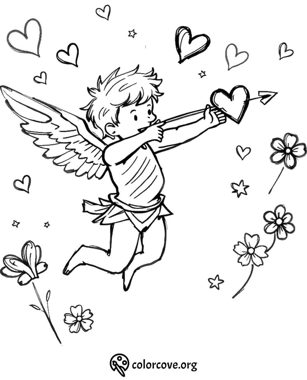 Cupid coloring page with bow and heart arrow, surrounded by hearts and flowers. Perfect for kids' art activities.