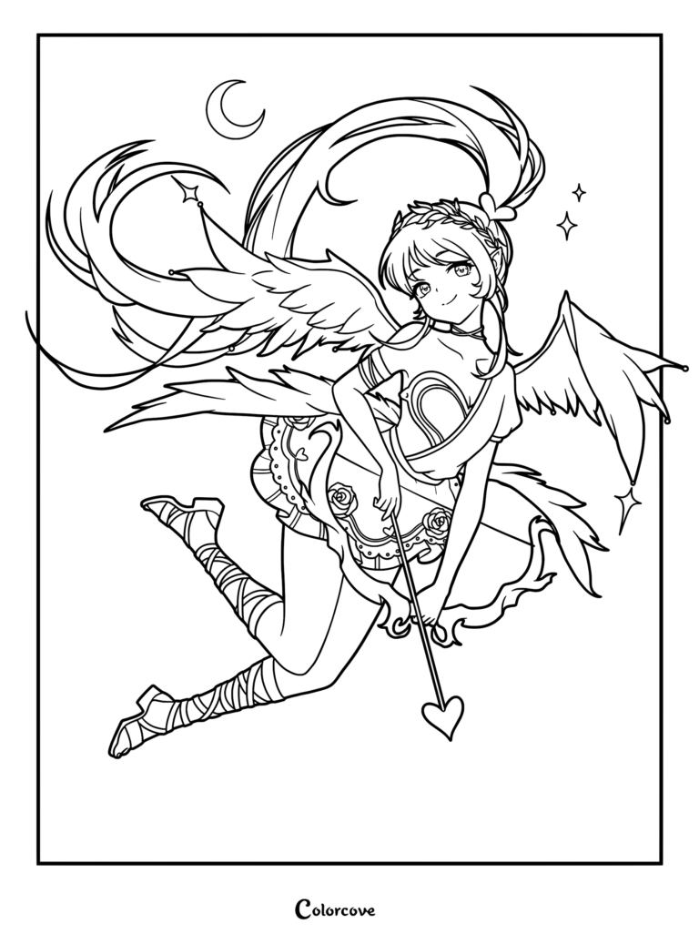 Anime Cupid girl with wings and a heart-tipped arrow in a coloring page style with a crescent moon background.