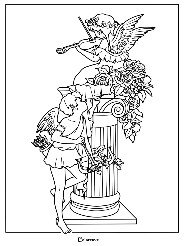 Cupid holding a bow and arrow looking up at an angel playing a violin atop a rose-covered Greek column in this detailed line art coloring page.