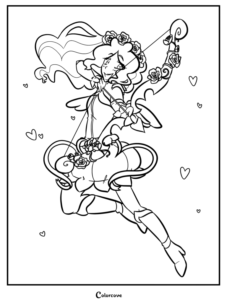 C.A. Cupid with rose-adorned bow and hair wreath in a line art coloring page