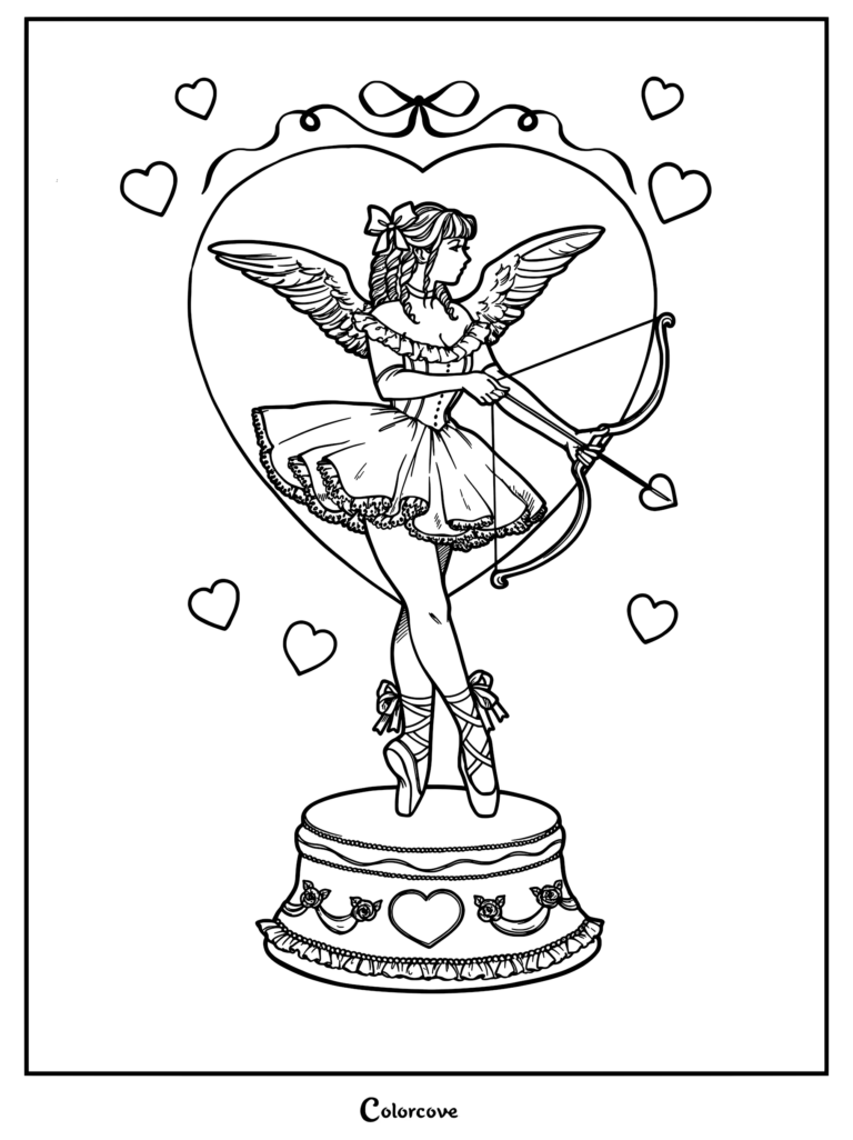A ballerina Cupid with feathered wings holding a bow and arrow, standing on a heart-decorated music box, featured in a printable coloring page.