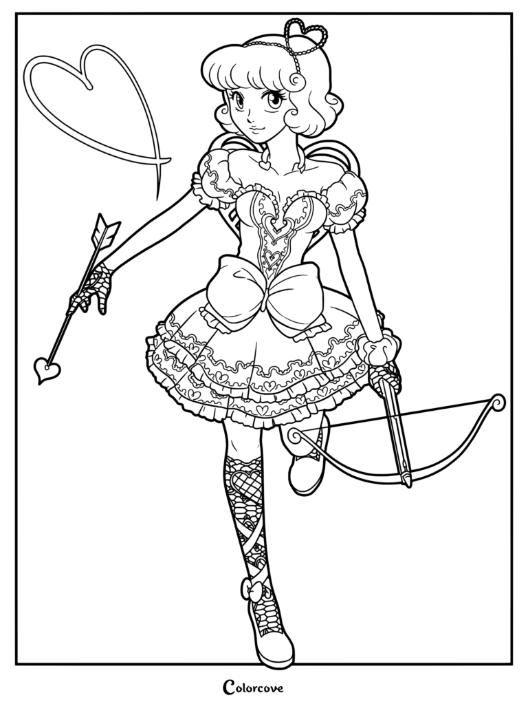 Anime style Cupid girl wearing a heart-patterned dress and lace-up boots holding a bow and arrow coloring page.