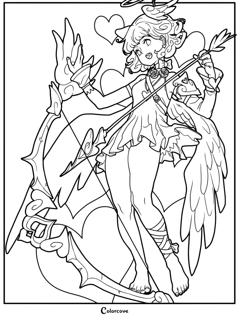 Anime style Cupid coloring page featuring a winged character holding a large ornate bow and heart-tipped arrow.