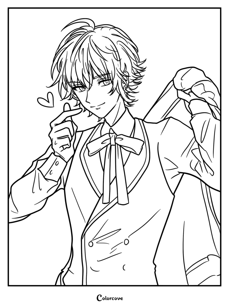 Cupid with messy hair wearing a vest and bow tie making a finger heart gesture in this printable coloring page.