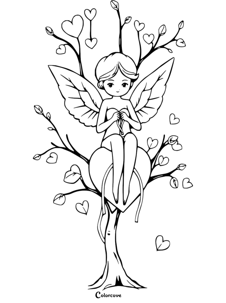 Cupid sitting on a heart-shaped tree branch in this free printable coloring page