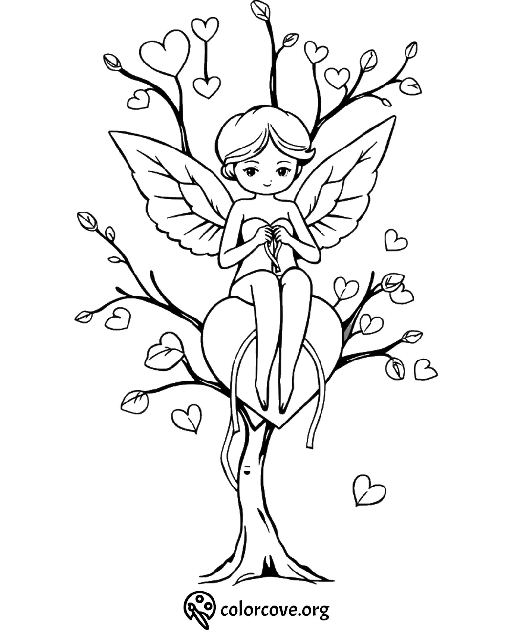 Fairy sitting on heart-shaped tree branch, surrounded by heart-shaped leaves, coloring page.