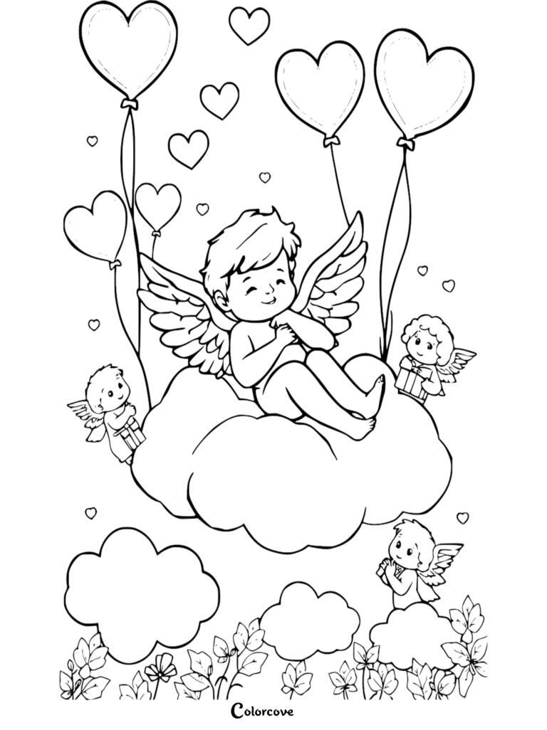 Cupid coloring page featuring a central winged Cupid resting on a cloud surrounded by smaller cherubs holding gifts and heart-shaped balloons.