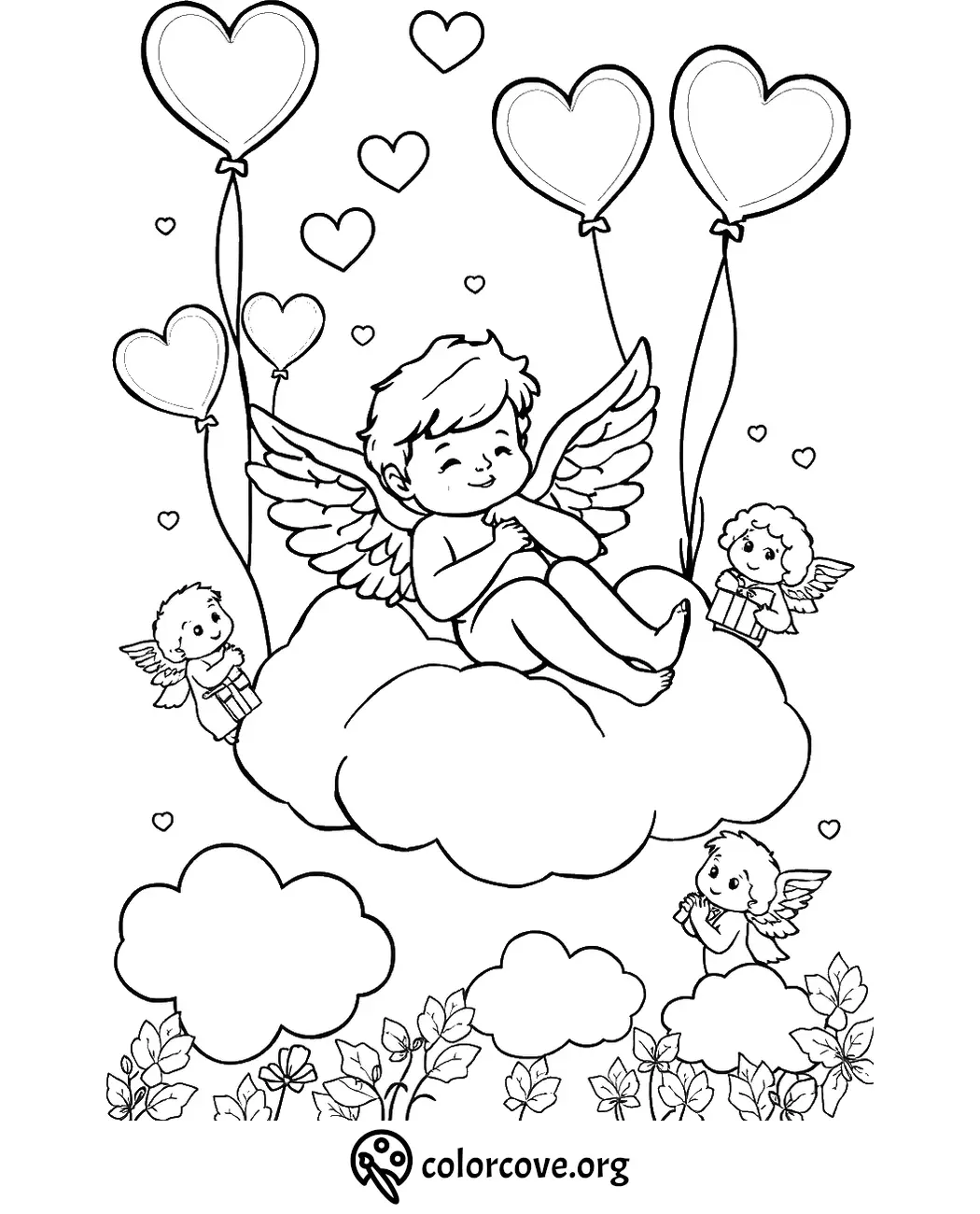 Angel on cloud with heart balloons and cherubs, kids' coloring page. Perfect for Valentine's Day fun.