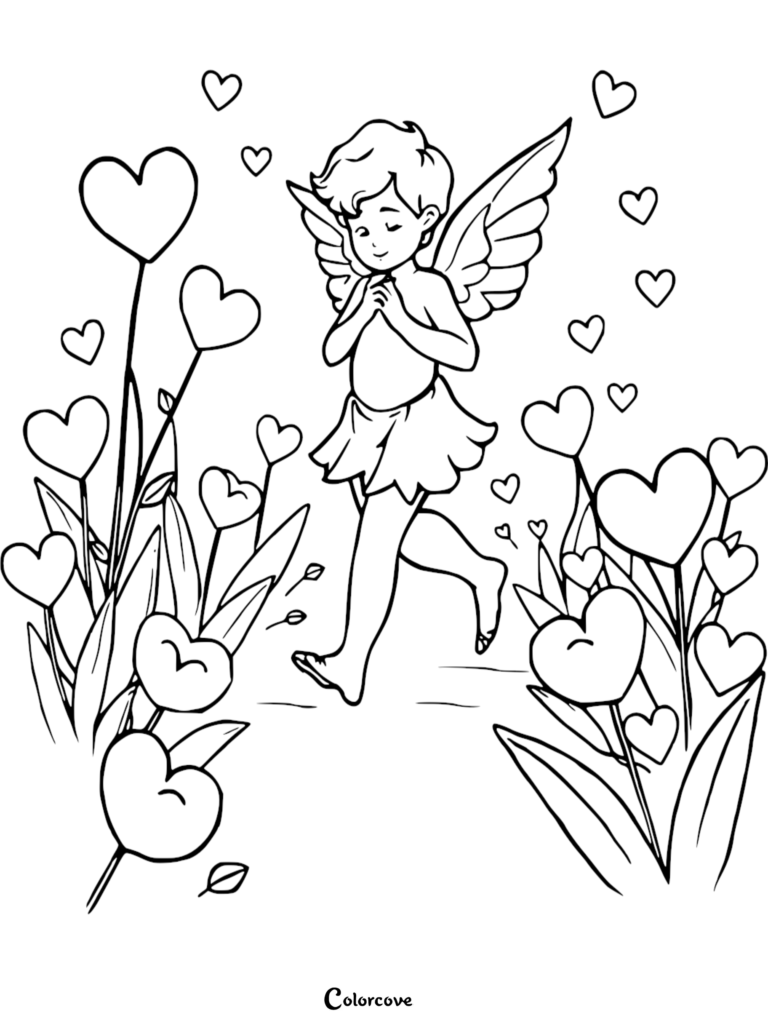 Cupid walking through a garden of heart-shaped flowers in this free printable coloring page.