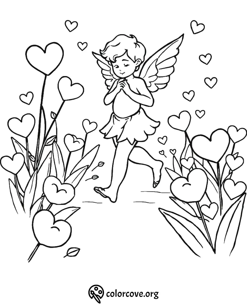 Fairy with wings in heart-themed garden coloring page, perfect for kids and adults.