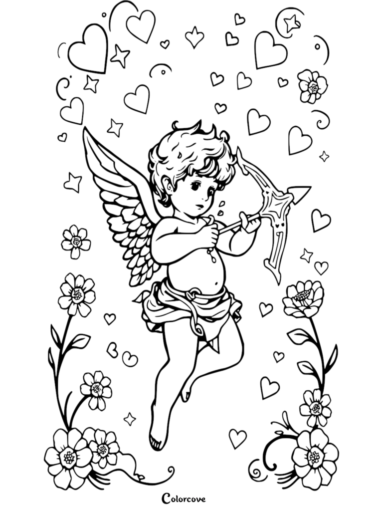 Cupid holding a bow and arrow surrounded by hearts and flowers in this printable coloring page.