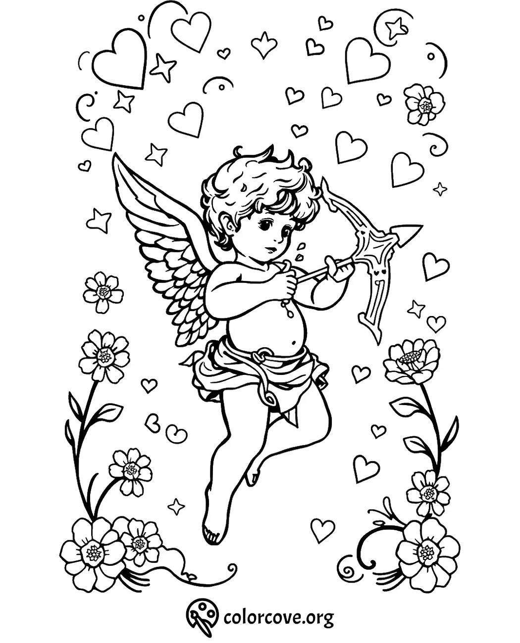 Cupid with bow and arrow surrounded by hearts and flowers, coloring page for Valentine's Day fun and creativity.