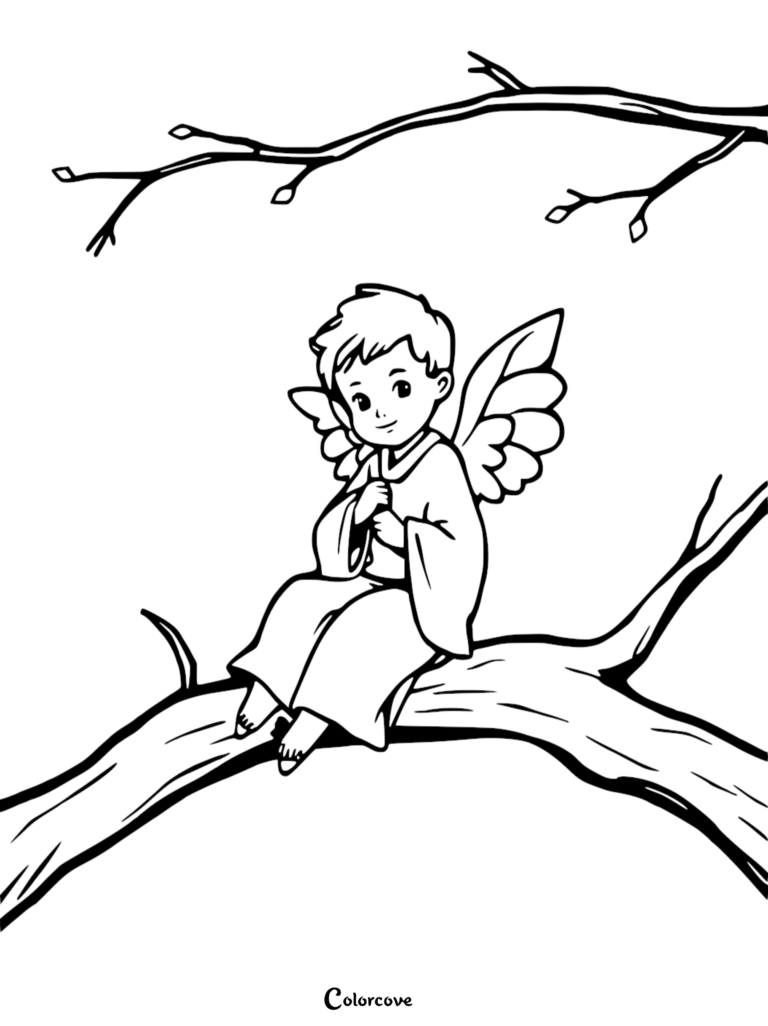 Cupid sitting on a tree branch in this free printable coloring page