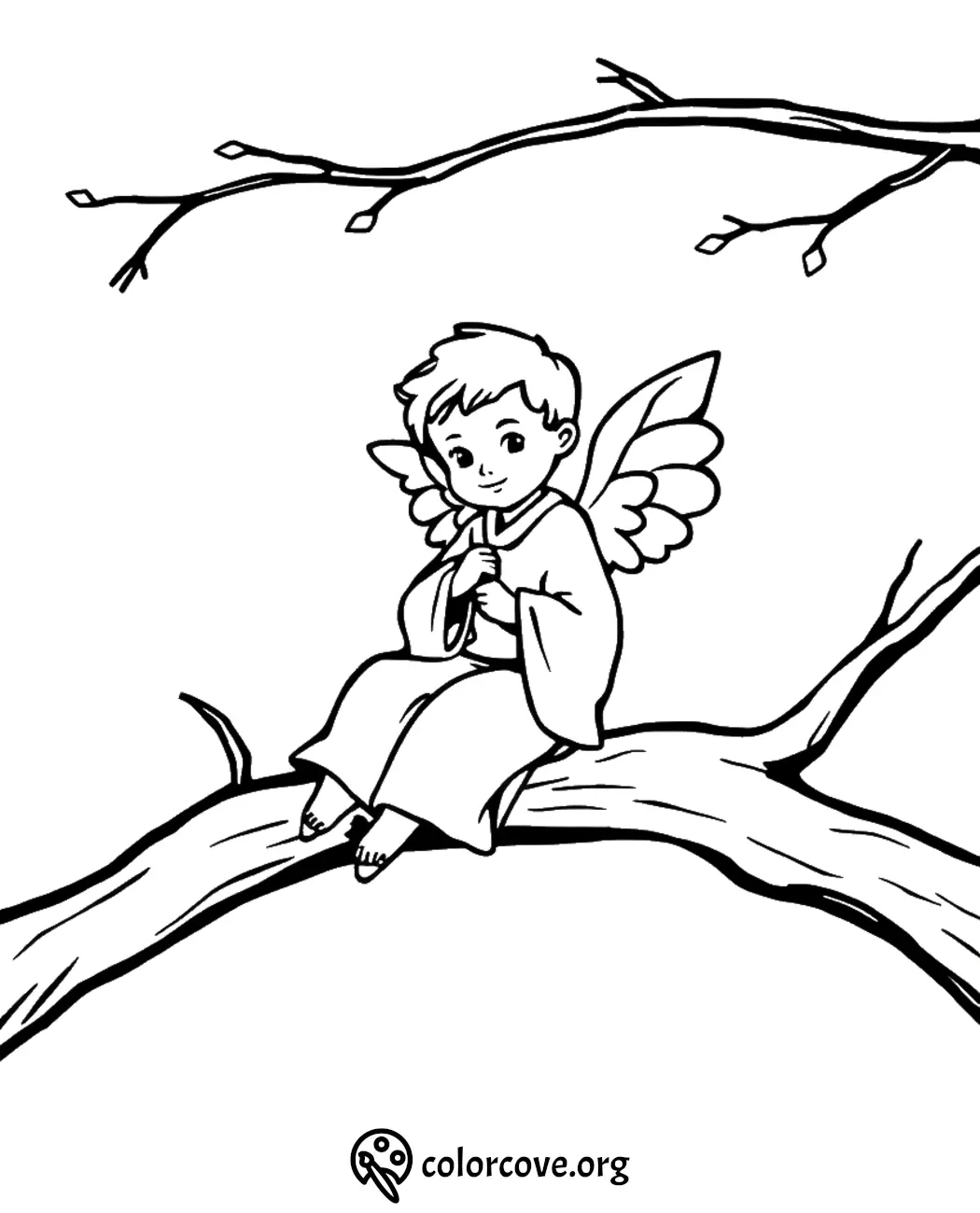 Coloring page of a cute angel boy sitting on a tree branch, ready for creative coloring fun.