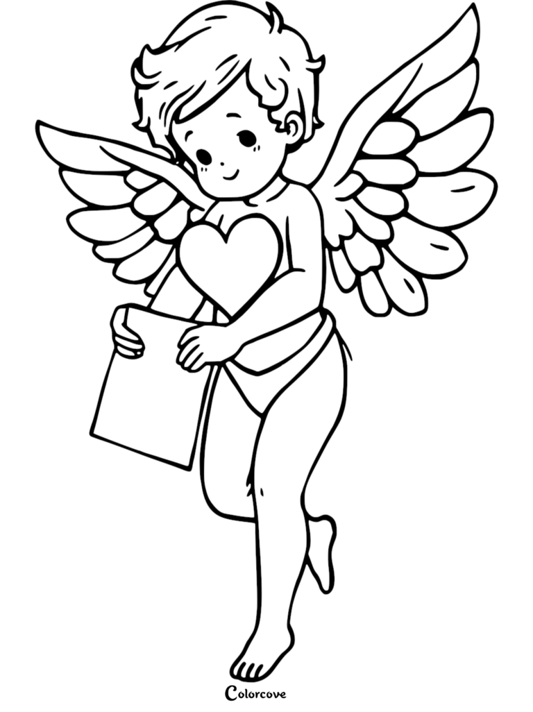 Cupid holding a heart and a blank card in this free printable coloring page