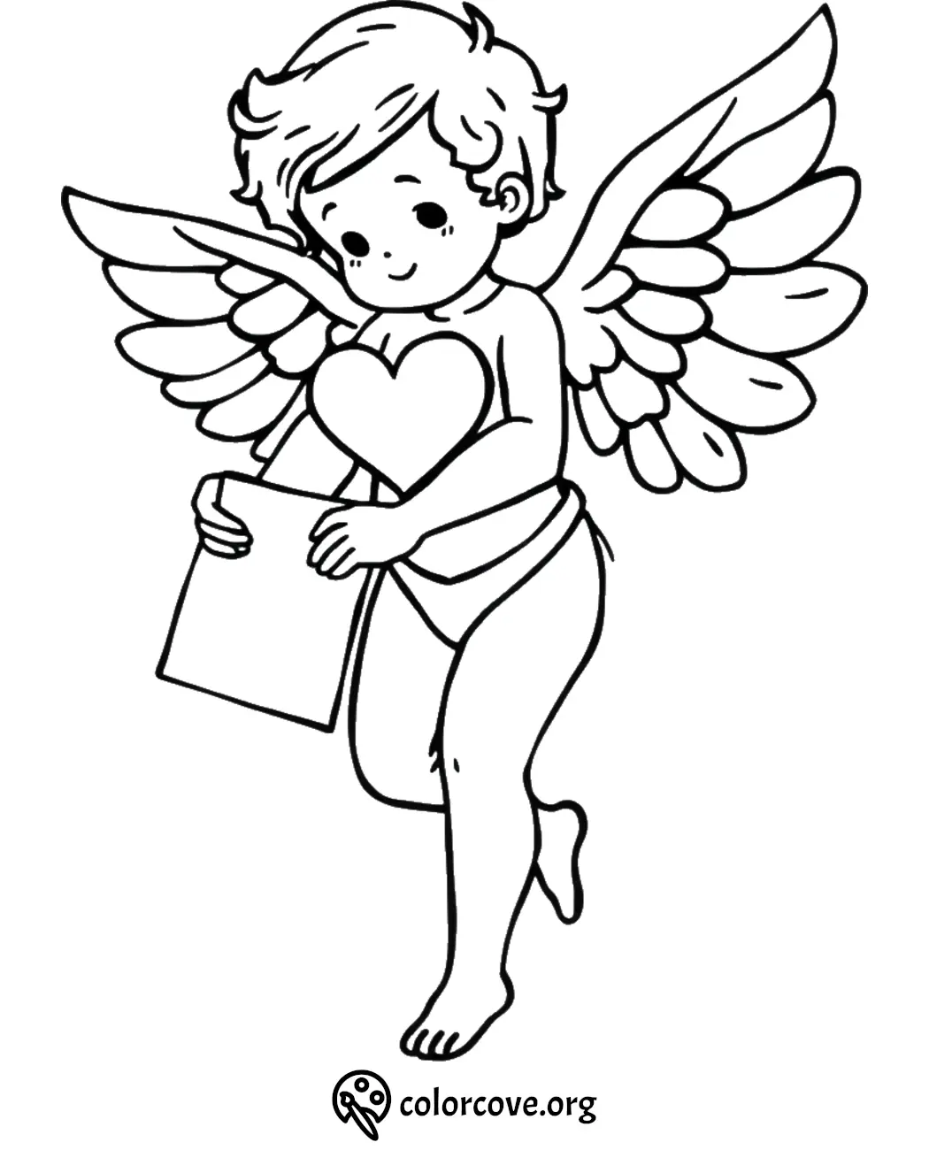 Cute angel with wings and a heart, holding a letter. Coloring page for kids.