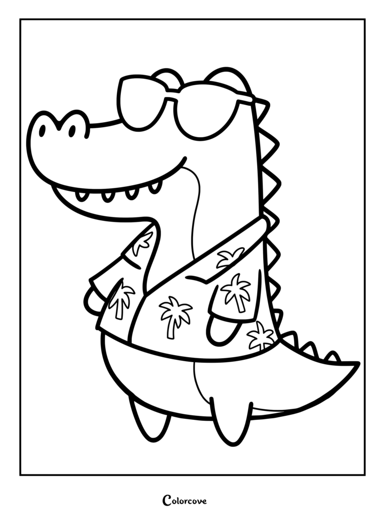 Página para colorear de un lindo Caimán con gafas de sol y una camisa con estampado de palmeras.