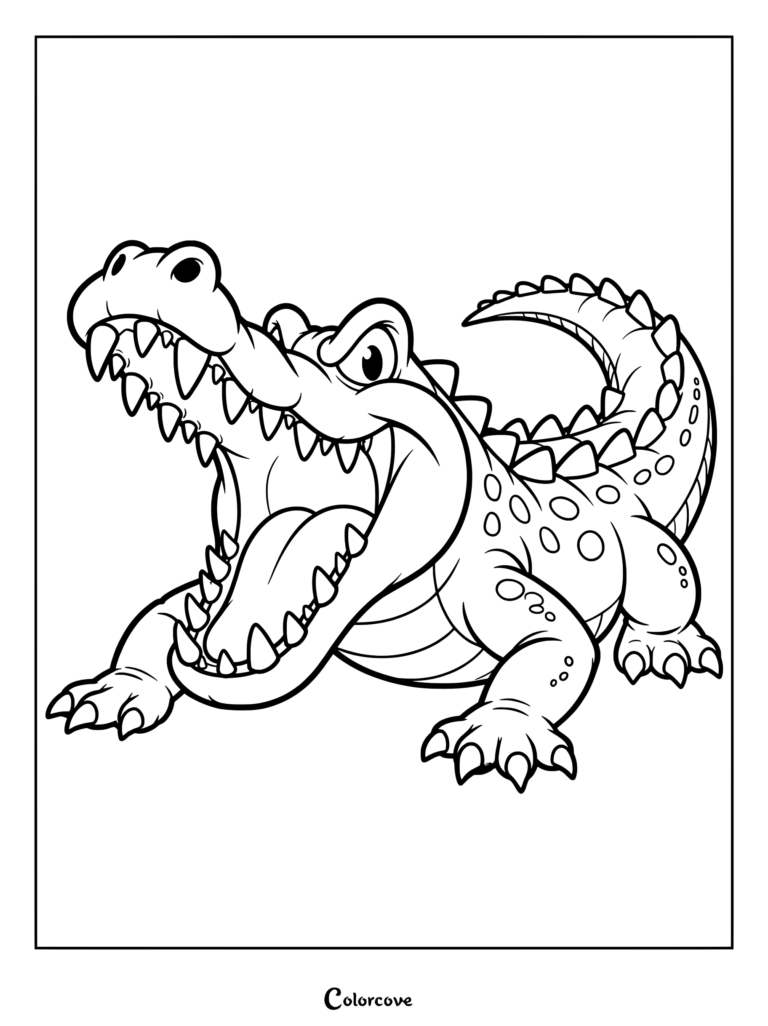 Un Caimán de dibujos animados con la boca abierta y dientes afilados en una página para colorear.