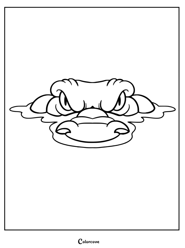Una página para colorear que presenta la cabeza de un caimán feroz asomándose desde la superficie del agua.