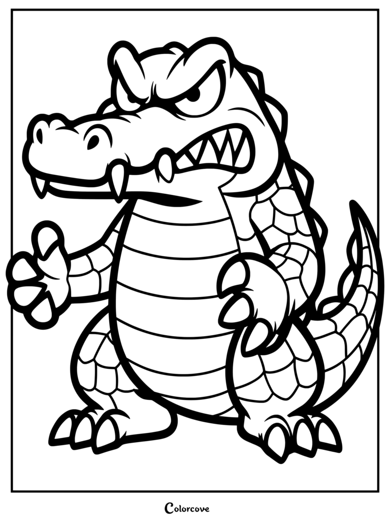 Un caimán gruñón con dientes afilados y piel escamosa de pie en una página para colorear estilo caricatura.