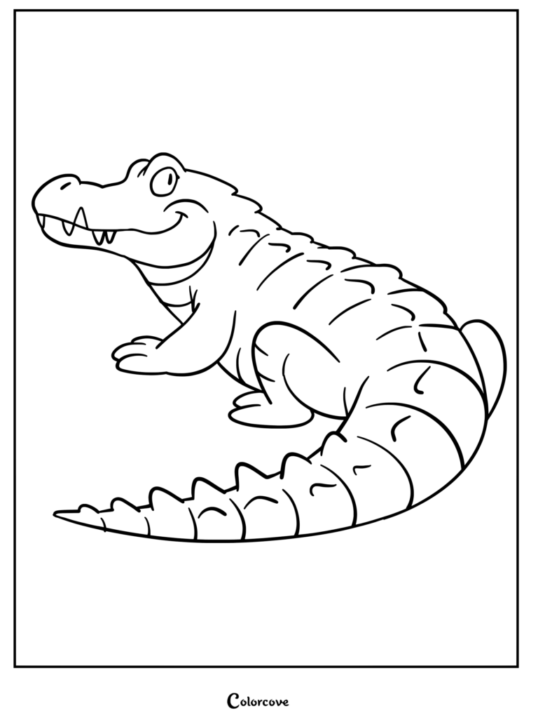 Un caimán de dibujos animados amigable con una amplia sonrisa y escamas texturizadas en su espalda en una página para colorear de arte lineal simple.
