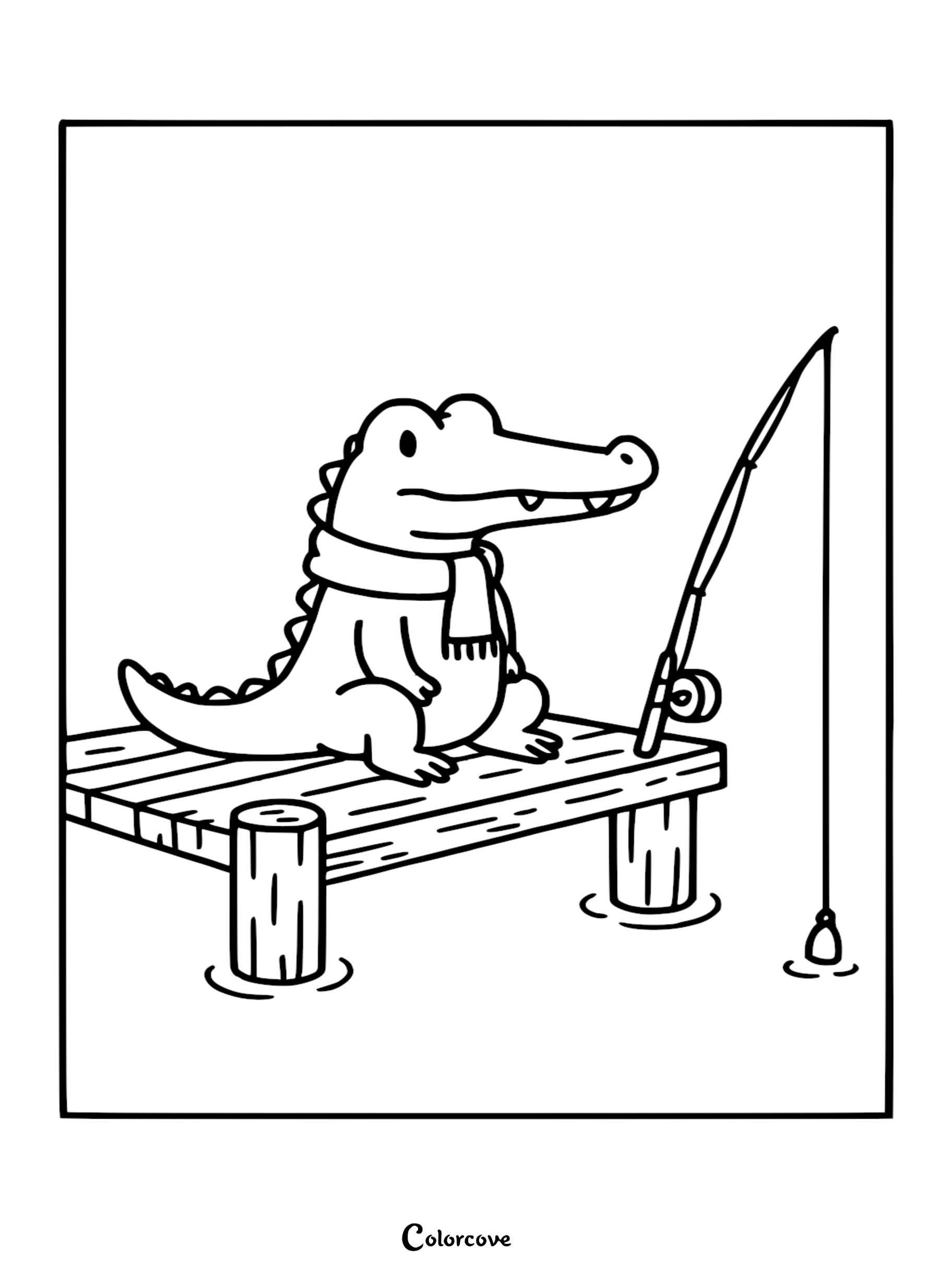 A cute alligator wearing a scarf sitting on a wooden dock holding a fishing rod in this printable coloring page.