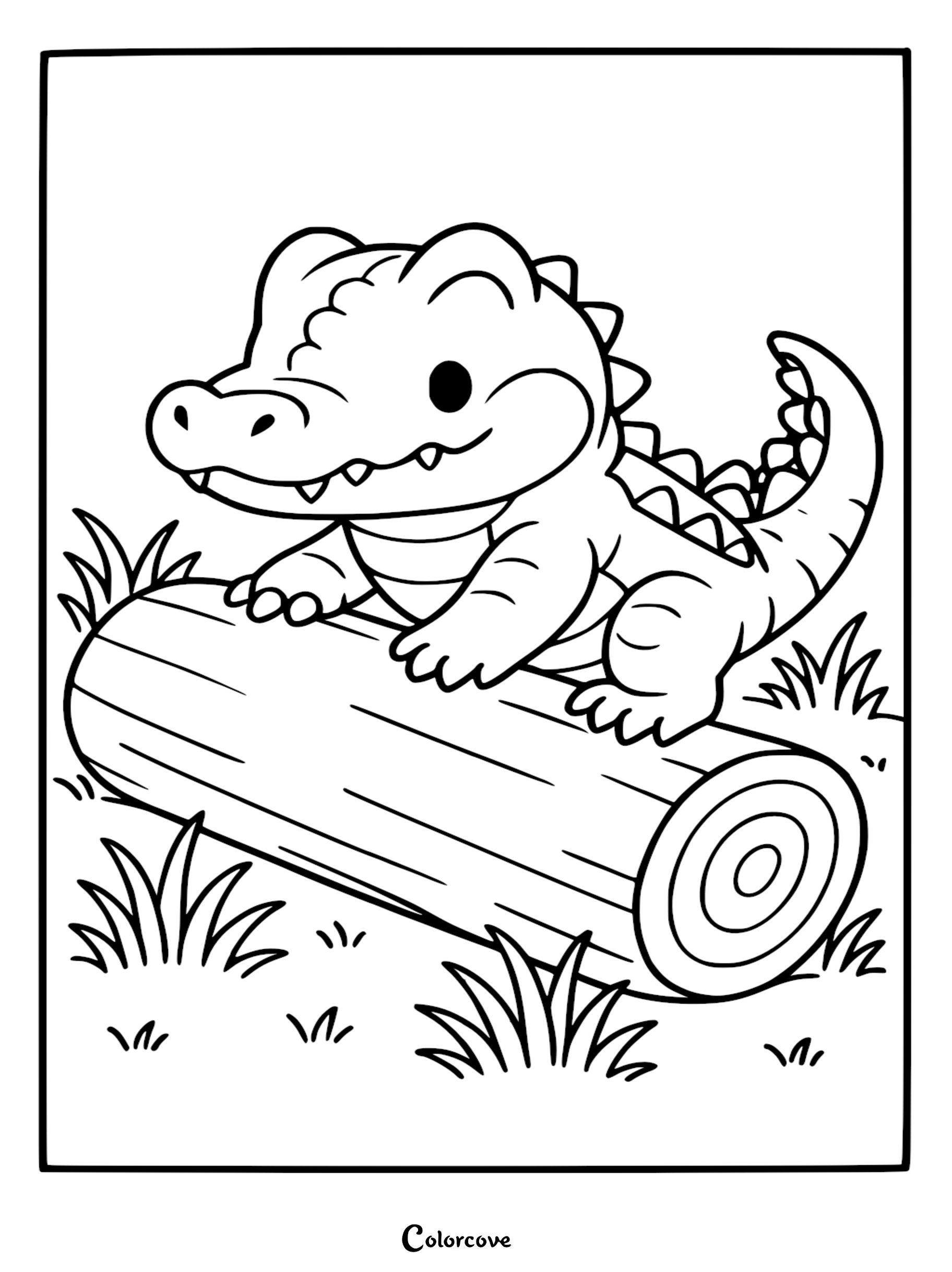 A cute baby alligator with a curved tail resting on a wooden log in a grassy field, printable coloring page.