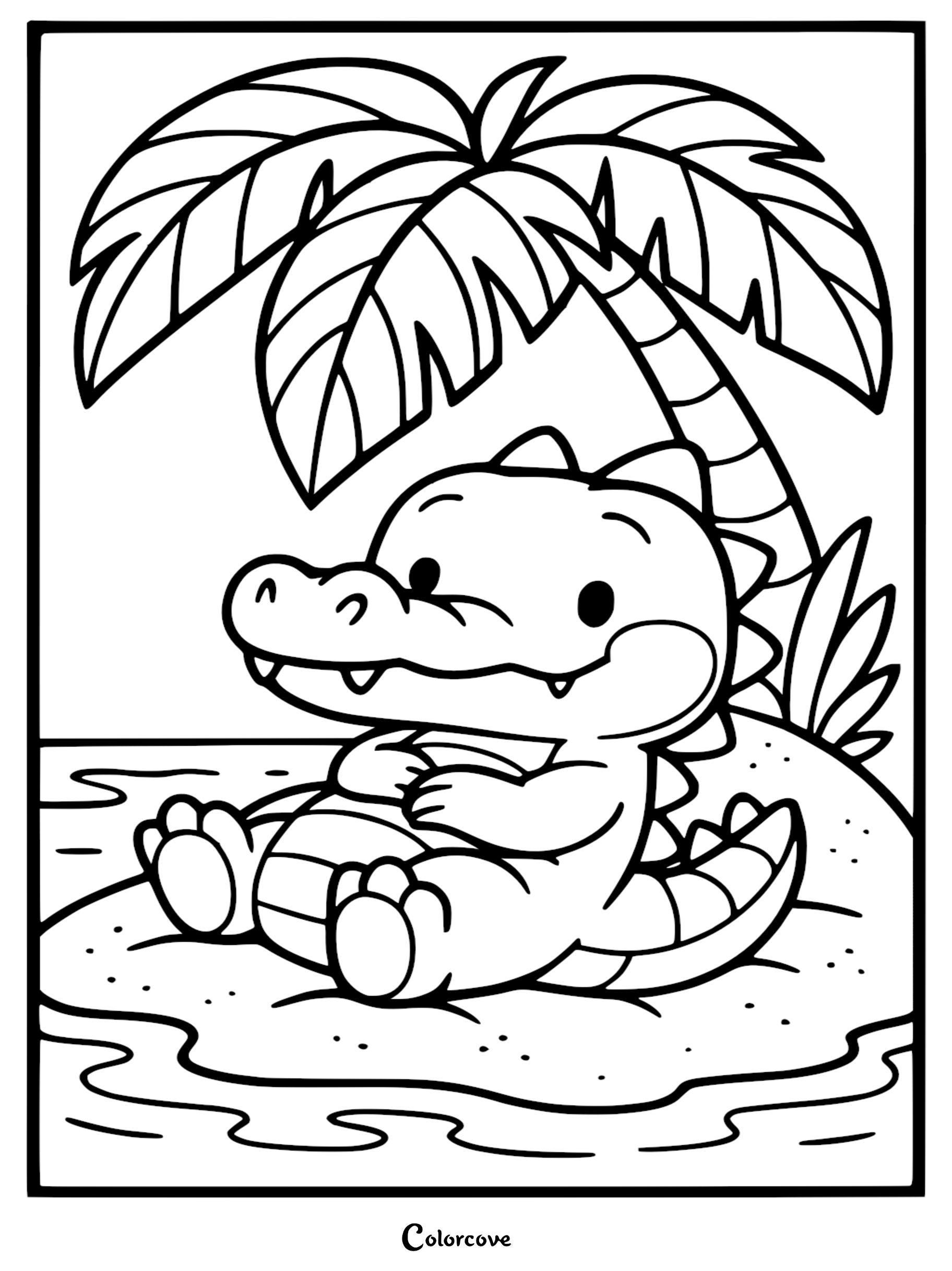 A cute alligator sitting on a sandy island under a palm tree in this printable coloring page.