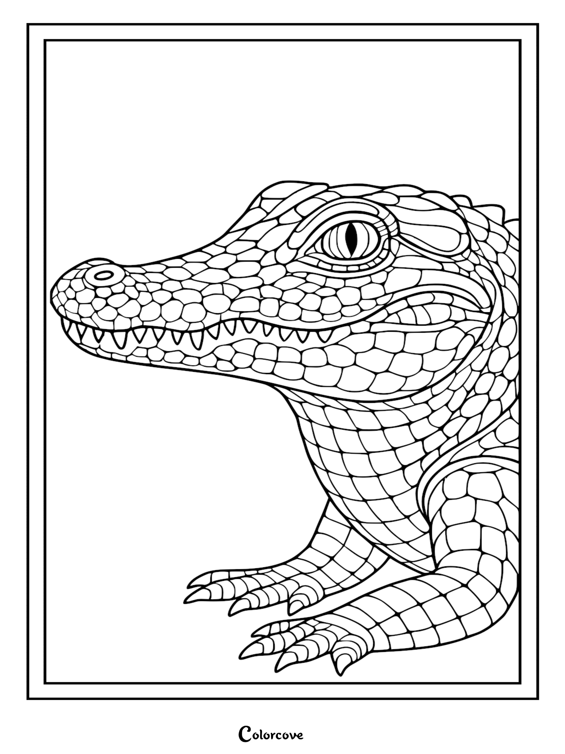 A detailed line art coloring page featuring a close-up profile view of an alligator with intricate scale patterns and sharp teeth.