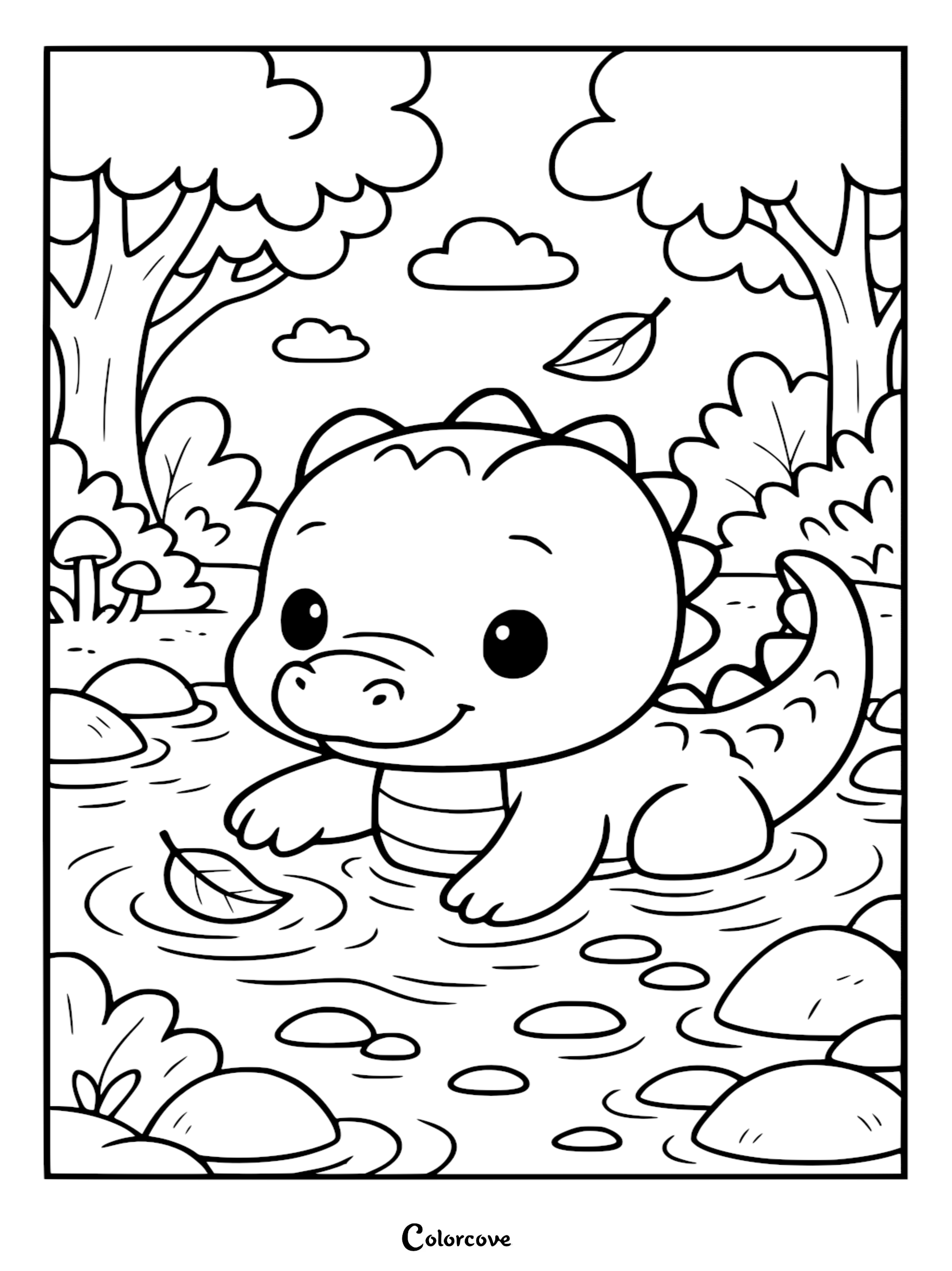 A cute baby alligator sitting in a shallow pond surrounded by trees and falling leaves, line art coloring page.