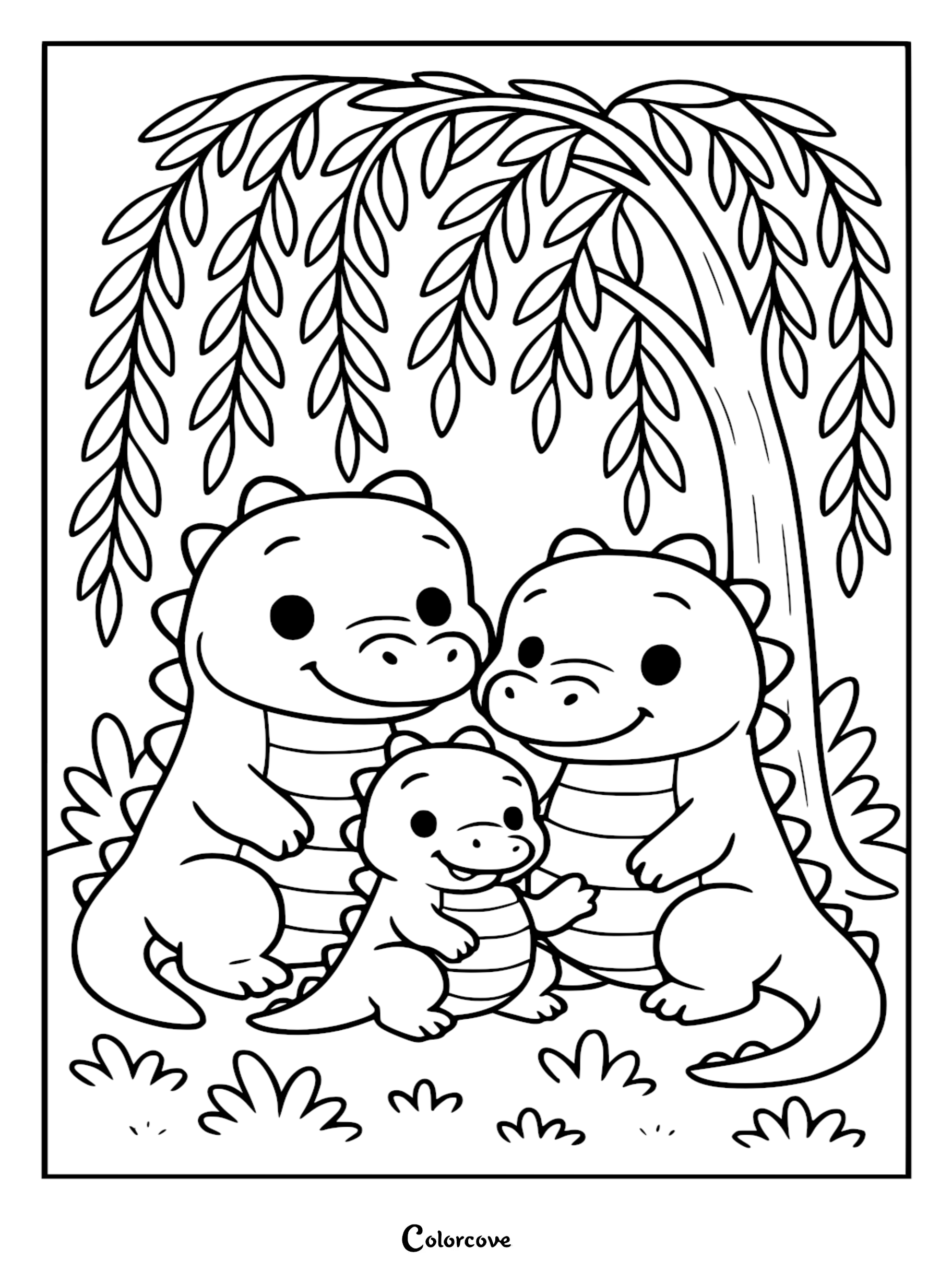 A cute alligator family consisting of two parents and a baby standing under a willow tree in this printable coloring page.
