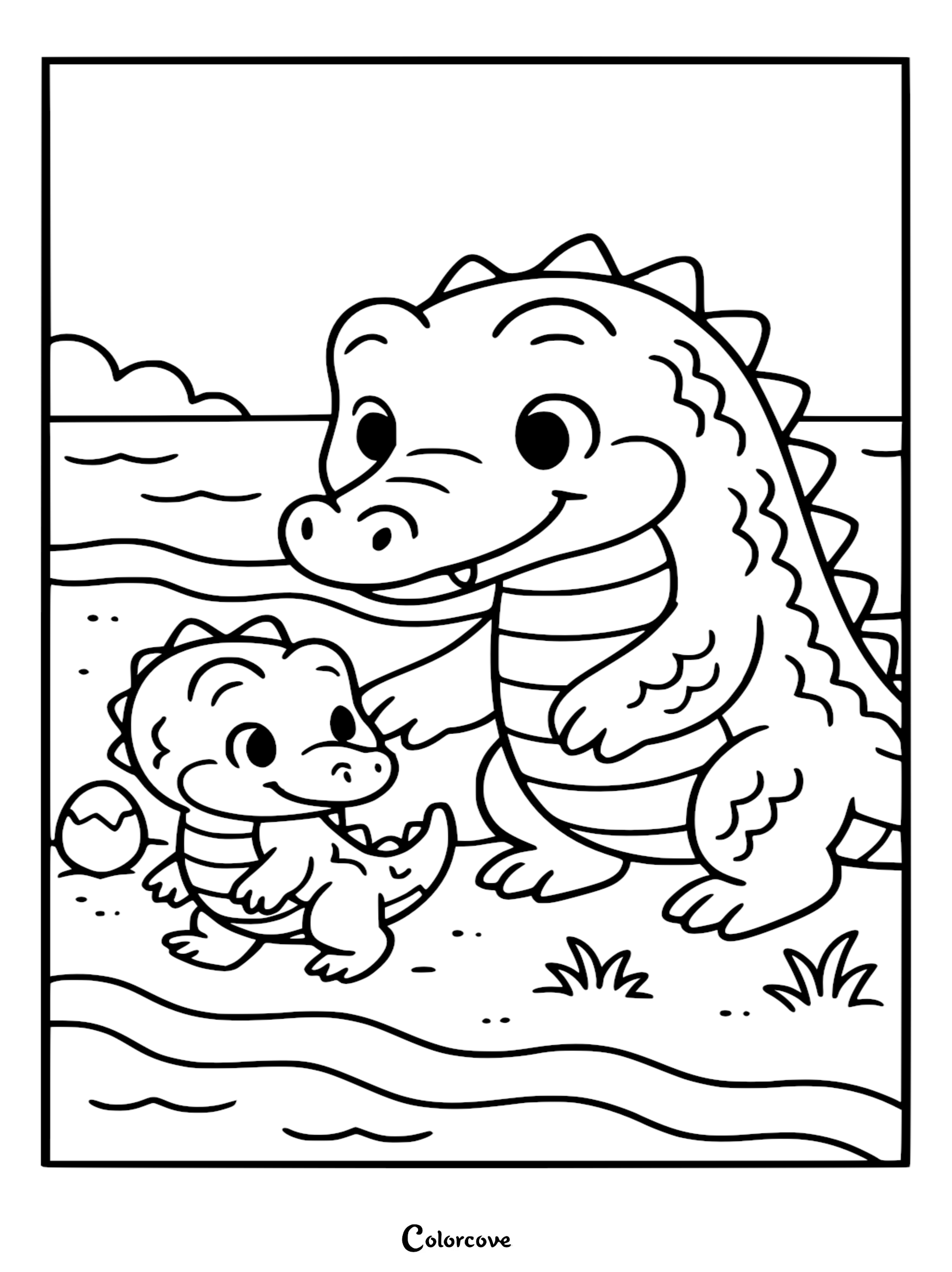 A cute alligator parent standing next to a baby alligator on a sandy beach in this printable coloring page.