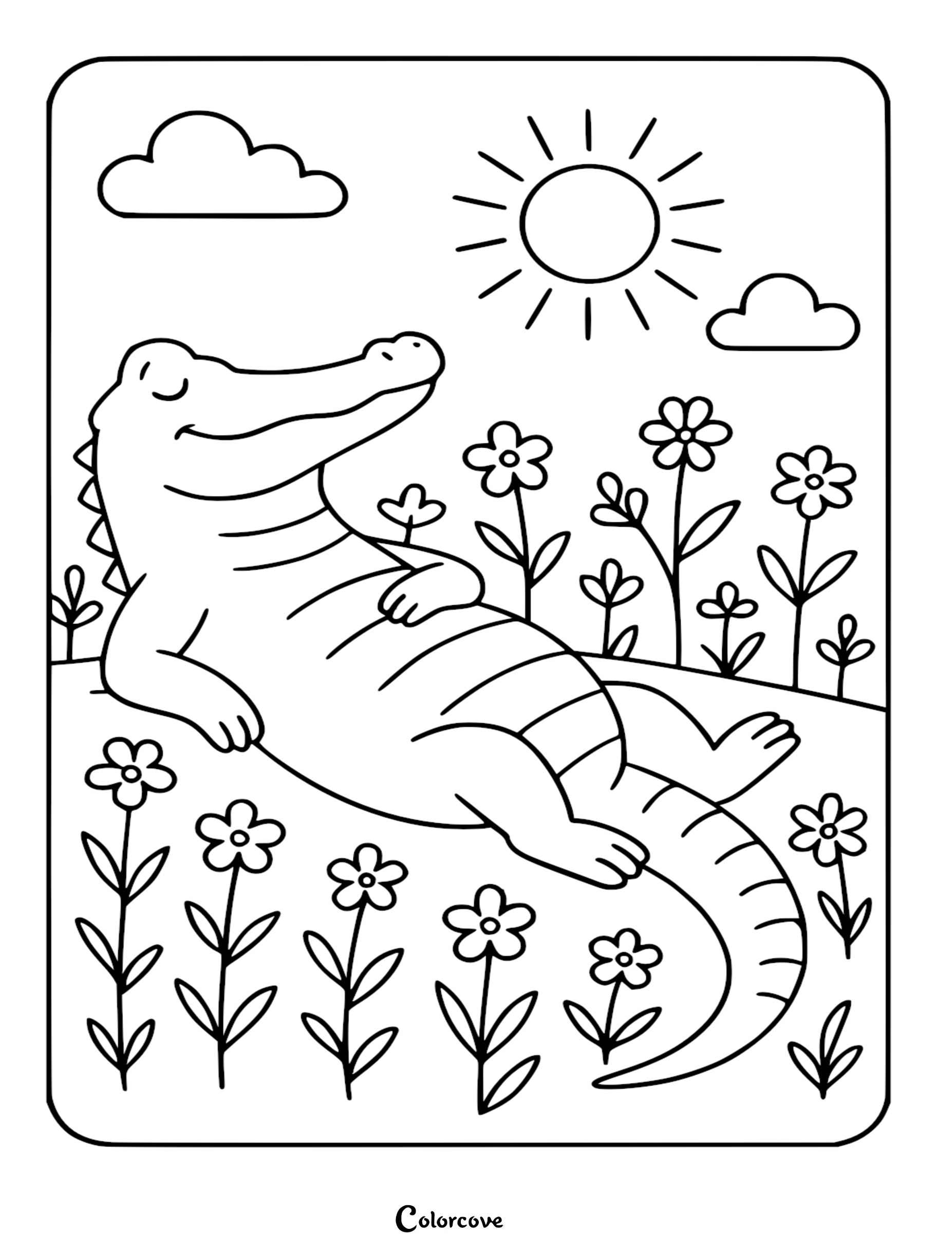 A cute alligator lying on its back in a field of daisies under a sunny sky in this printable coloring page.