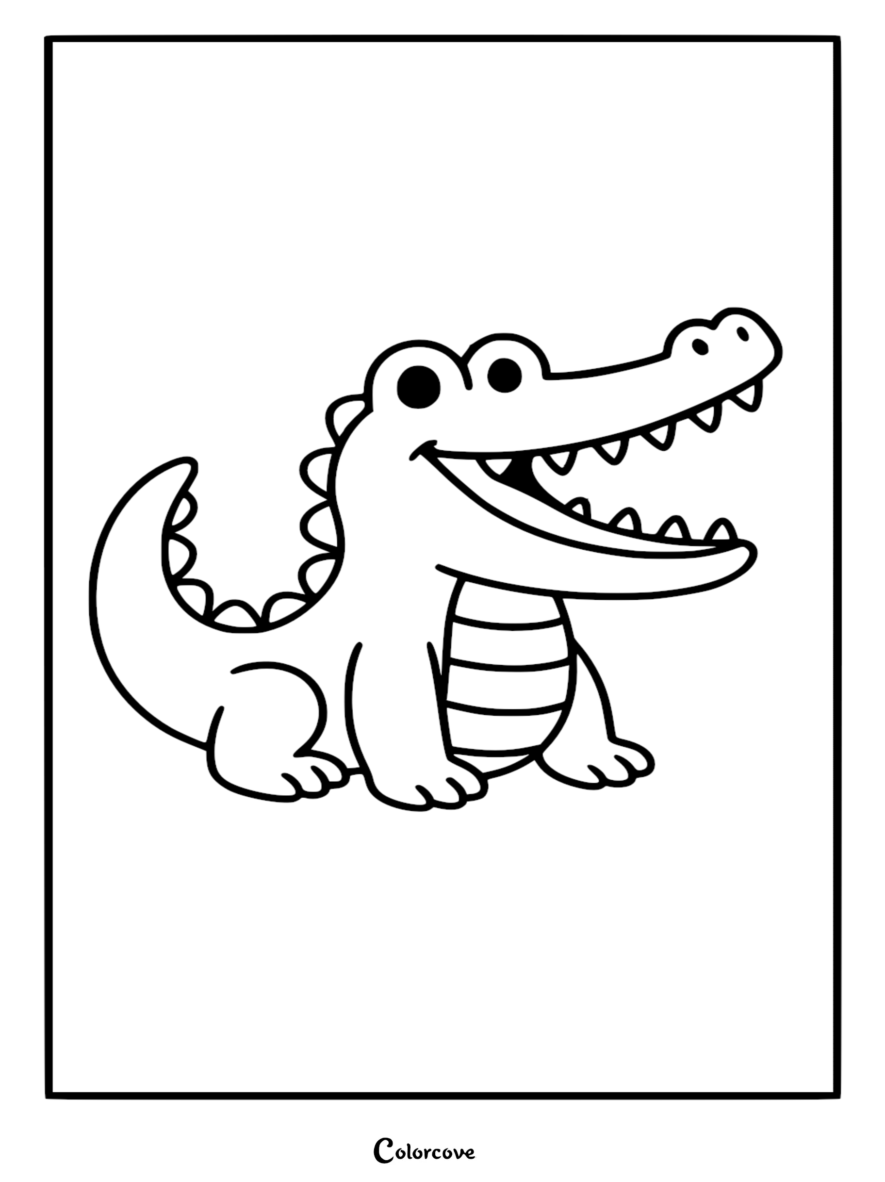 A simple line art coloring page of a happy cartoon alligator sitting with its mouth wide open, showing small teeth and a curved tail.